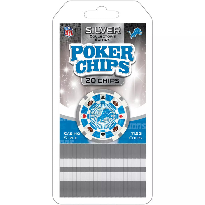 Masterpieces Casino Style 20 Piece 11.5 Gram Poker Chip Set NFL Detroit Lions Silver Edition.