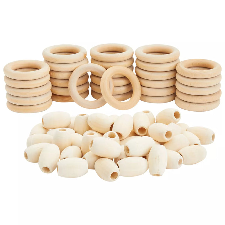 Bright Creations 80 Pcs Unfinished Wood Beads and Wooden Rings for Macrame, DIY Arts & Crafts Supplies, Brown
