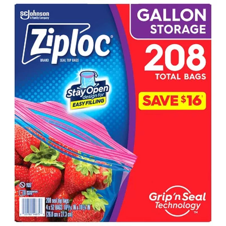 Ziploc Gallon Storage Bags with New Stay Open Design, 208 Ct.