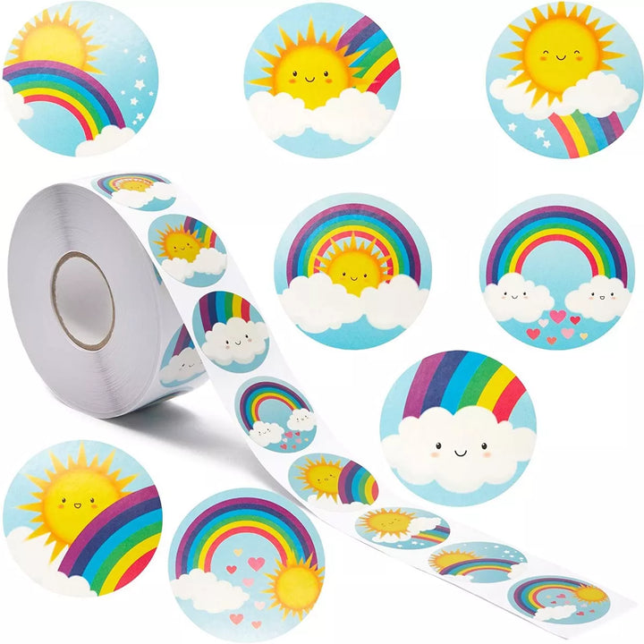 Blue Panda 1000 Piece Rainbow, Cloud, and Sunshine Sticker Roll for Kid'S Birthday Party Favors and Classroom Gifts, 8 Smiley Face Designs, 1.5 In