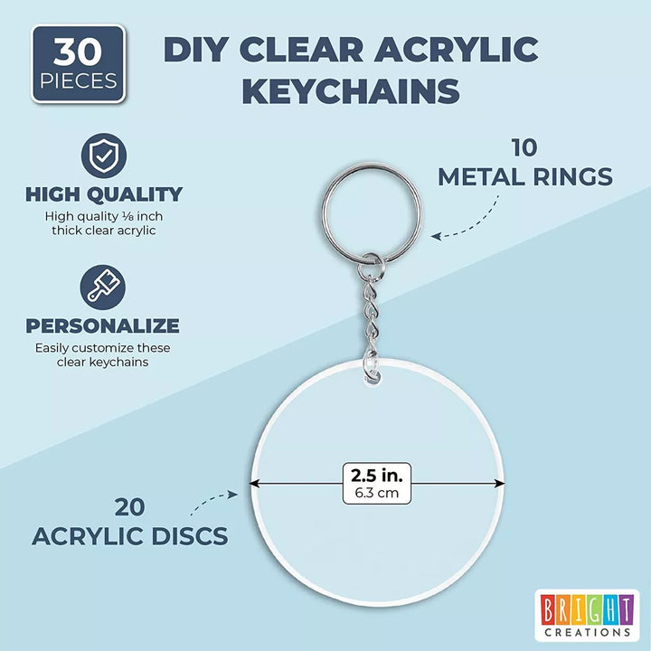 Bright Creations 20 Pieces Blank Clear Acrylic Keychains, Transparent Circle Dics 2.5" Diameter round Keychains for DIY Craft Projects