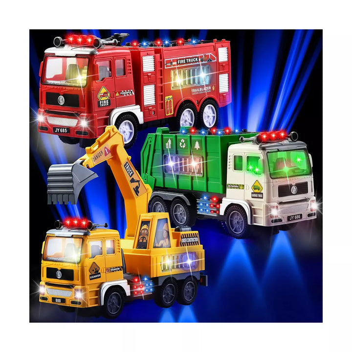 3-In-1 Toy Trucks, Automatic Bump & Go Fire Truck Toy, Garbage Truck, Play Excavator for Kids Boys and Girls