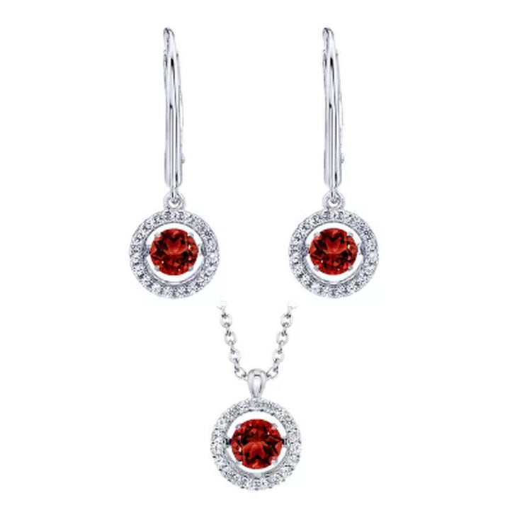 Dancing Genuine Garnet and Lab Created White Sapphire Pendant and Earring Set in Sterling Silver