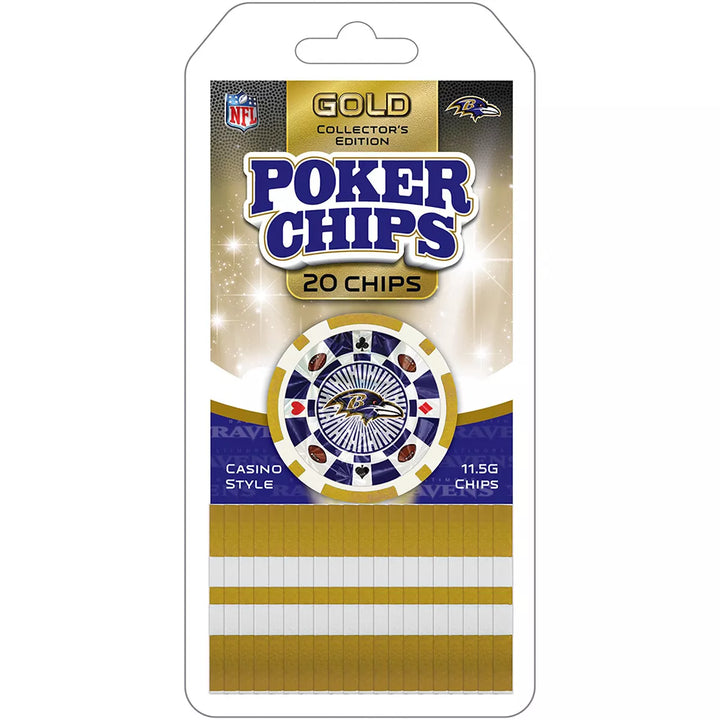 Masterpieces Casino Style 20 Piece 11.5 Gram Poker Chip Set NFL Baltimore Ravens Gold Edition.