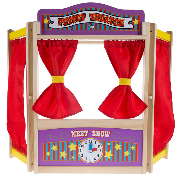 Toy Time Kids' Wooden Tabletop Puppet Theater with Curtains, Blackboard, and Clock - 26" X 30"