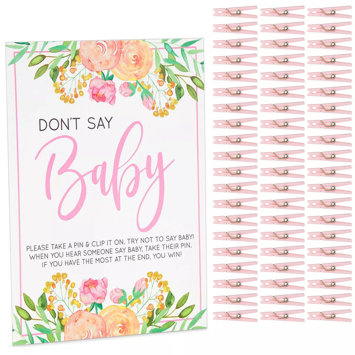 Sparkle and Bash Floral Baby Shower Clothespin Game for Girl, Don'T Say Baby Theme with 60 Pink Clothes Pins and 8X10-Inch Sign