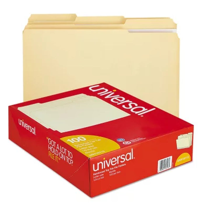 Universal® File Folders, 1/3 Cut Assorted, Two-Ply Top Tab, Manila, 100/Box (Various Types)