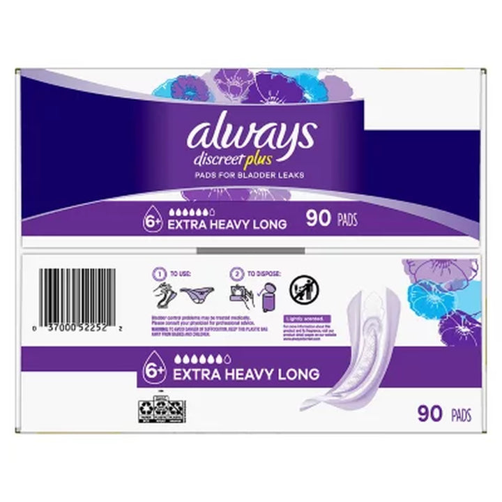 Always Discreet plus Incontinence Pads for Women, Extra Heavy Long, 90 Ct.