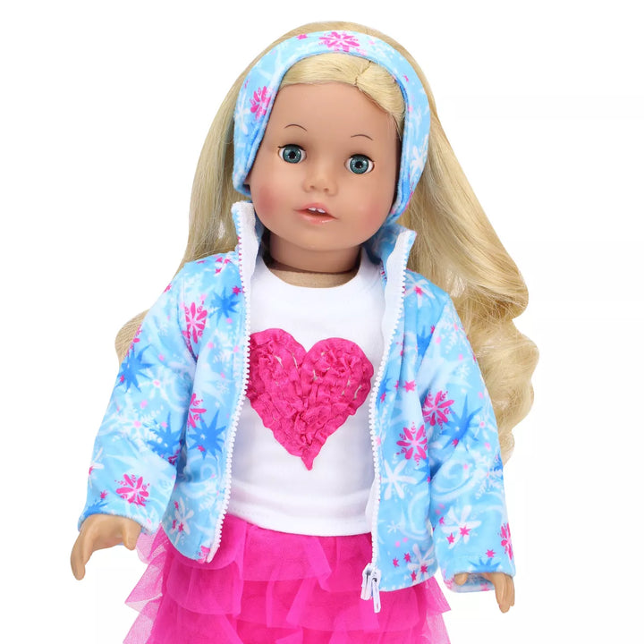 Sophia’S Snowflake Print Fleece Jacket & Matching Earmuff Set for 18” Dolls, Light Blue