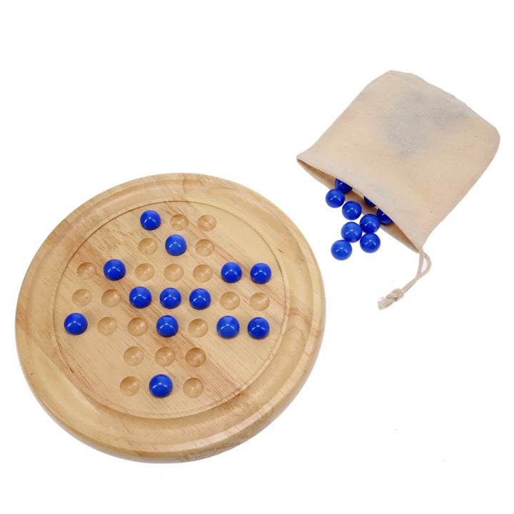 WE Games Solid Wood Solitaire with Blue Glass Marbles - 9 In. Diameter