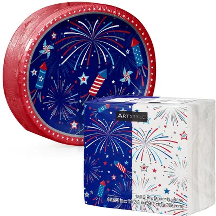 Artstyle Fireworks and Rockets Oval Plates and Dinner Napkins Tableware Kit, 200 Ct