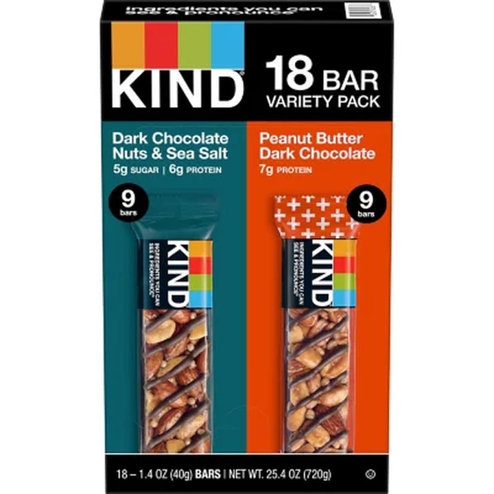 KIND Snack Bars Variety Pack, Dark Chocolate Nuts & Sea Salt and Peanut Butter Dark Chocolate 18 Ct.