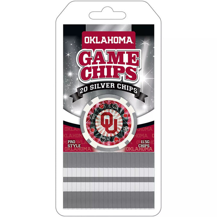 Masterpieces Casino Style 20 Piece 11.5 Gram Poker Chip Set NCAA Oklahoma Sooners Silver Edition.