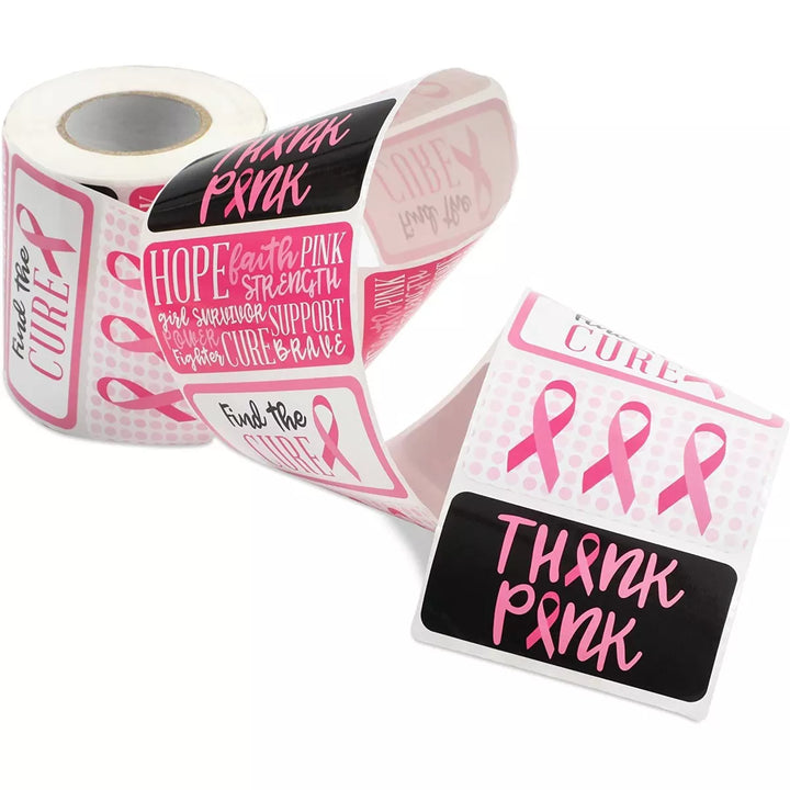 Paper Junkie 500-Pack Breast Cancer Awareness Stickers Roll, Motivation and Thank You Quotes (3 X 1.5 In)