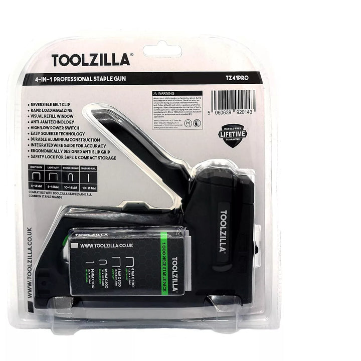 TOOLZILLA Heavy Duty Staple Gun & Staple Selection Pack - 1000 Fasteners Black