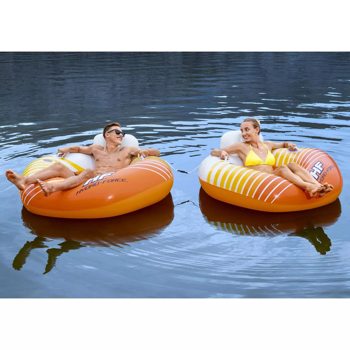 Bestway 43399E Hydro-Force Sunkissed Pool, Lake, River, Beach Inflatable PVC Clasp N Go Inner Tube Ring Float with Cup Holder, Orange and Yellow