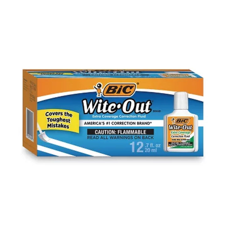 BIC Wite-Out Extra Coverage Correction Fluid, 20 Ml Bottle, White 12-Pack