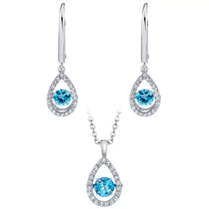 925 Sterling Silver Dancing Blue Topaz and Lab Created White Sapphire Pendant and Earring Set