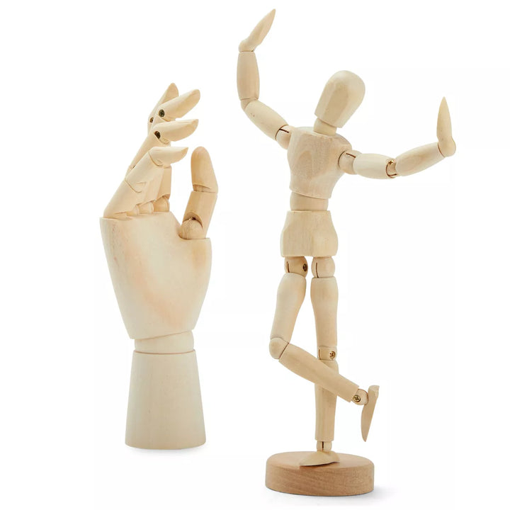 7" Wooden Hand Model and 8" Posable Wooden Mannequin Figure for Drawing, Adjustable Art Supplies (2-Piece)