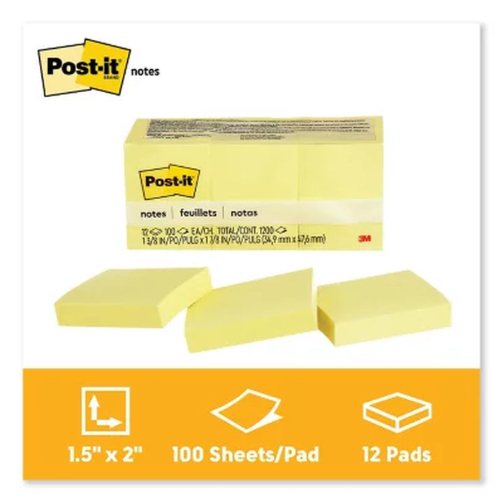 Post-It Notes Original Notes, 1-1/2 X 2, 100 Sheet Pads, 12 Pads, 1,200 Total Sheets, Canary Yellow