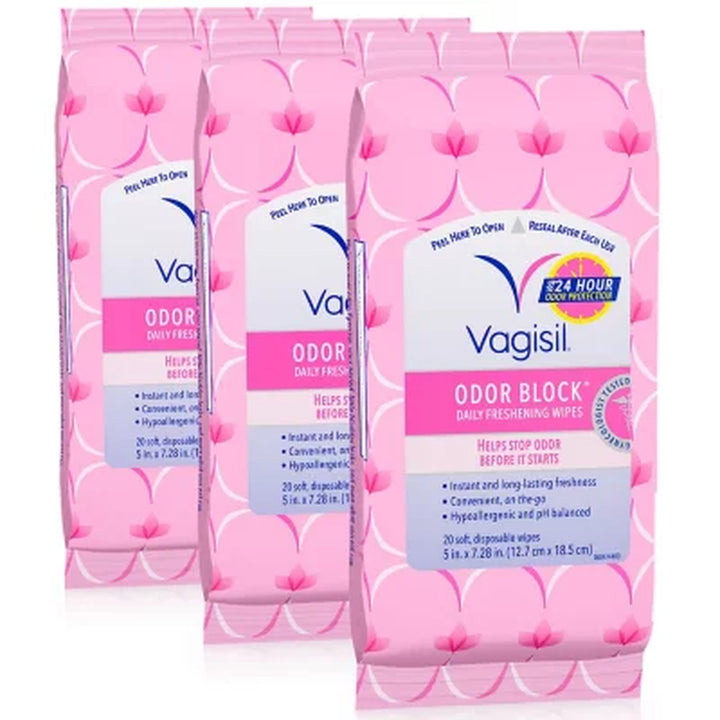 Vagisil Odor Block Daily Freshening Wipes, Resealable Pouch, 20 Ct., 3 Pk.