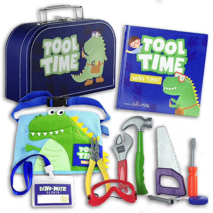 Tickle & Main Kids Tool Toys for Boys, 11 Pieces Construction Pretend Play for Toddlers, Story Book Gift Set with Tool Belt and Bag