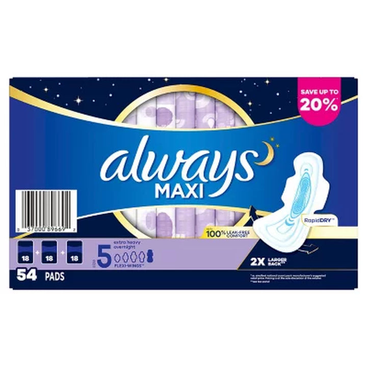 Always Maxi Extra Heavy Overnight Pads with Flex-Wings, Unscented - Size 5, 54 Ct.