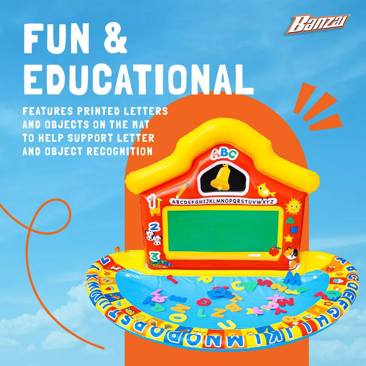 Banzai Jr School Splash Inflatable Educational Learning Schoolhouse Water Play Mat with 39 Letters, Numbers, and Shapes for Ages 3+