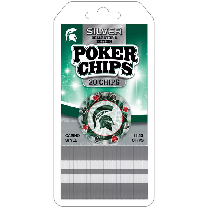 Masterpieces Casino Style 20 Piece 11.5 Gram Poker Chip Set NCAA Michigan State Spartans Silver Edition.