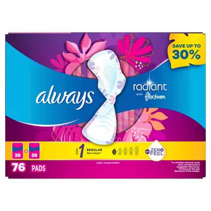 Always Radiant Regular Pads with Flexi-Wings, Scented - Size 1, 76 Ct.