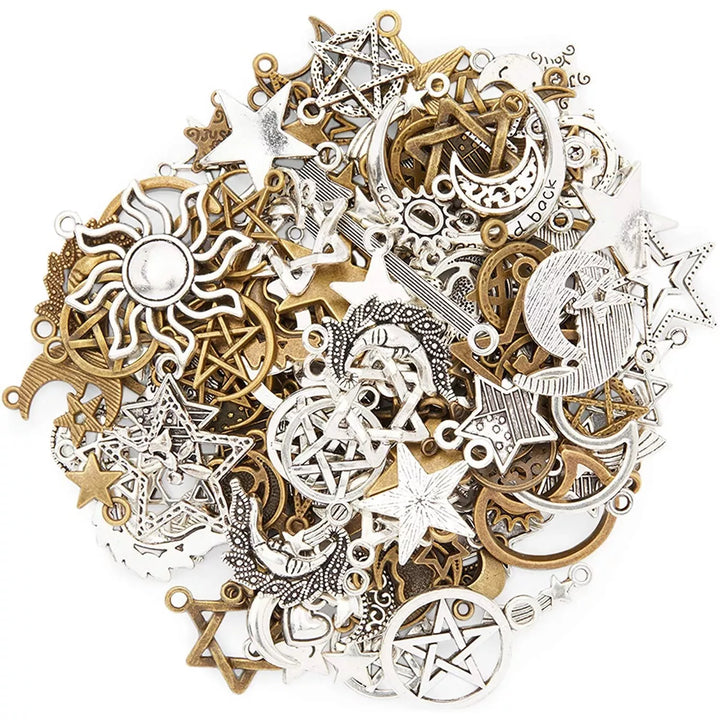 Bright Creations 120 Pieces Moon and Star Charms for DIY Jewellery Keychain & Bracelet Making, 2 Colours