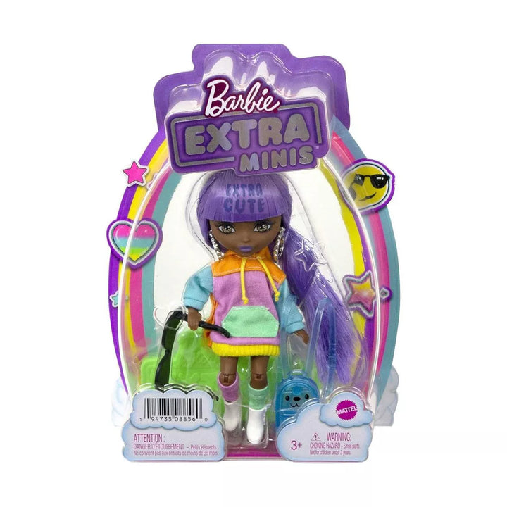 Barbie Extra Minis Doll & Accessories with Purple & Silver Hair, Toy Pieces Include Color-Block Hoodie Dress & Boots