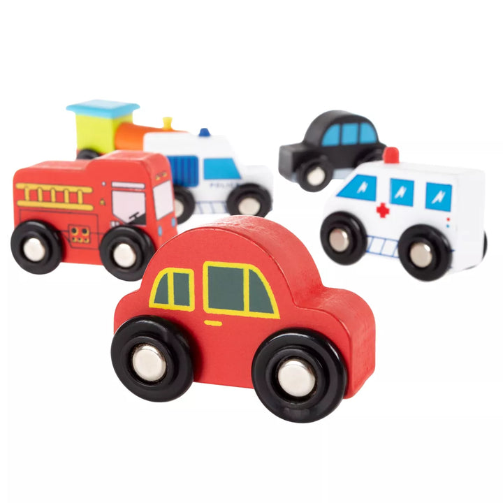 Toy Time Wooden Car Playset- 6-Piece Mini Toy Vehicle Set with Cars, Fire Trucks, Train-Pretend Play Fun