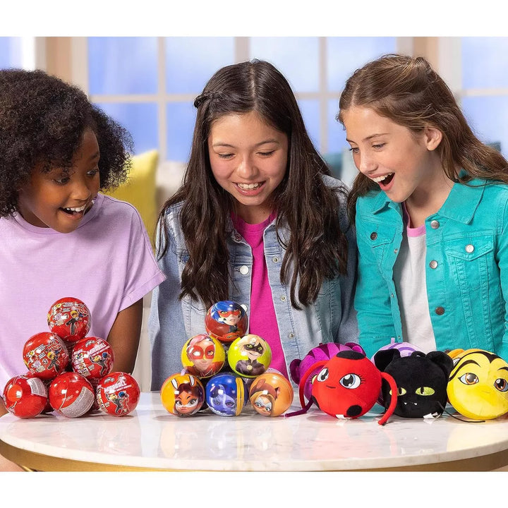 Miraculous Ladybug, 4-1 Surprise Miraball, Toys for Kids with Collectible Character Metal Ball, Kwami Plush, Glittery Stickers and White Ribbon