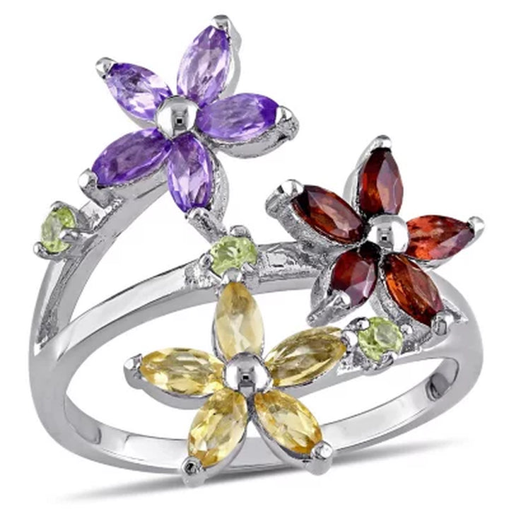 Garnet, Citrine, Amethyst and Peridot Floral Ring in Sterling Silver