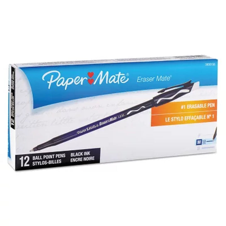 Paper Mate - Eraser Mate Ballpoint Stick Erasable Pen, Black Ink, Medium - Dozen