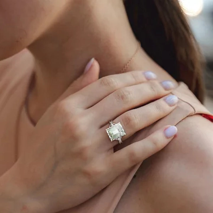 Emerald-Cut Prasiolite Quartz and White Topaz Cocktail Ring in Sterling Silver