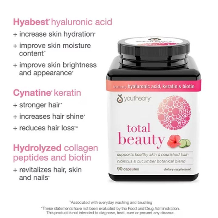 Youtheory Total Beauty Hyaluronic Acid, Keratin & Biotin Capsules 90 Ct.