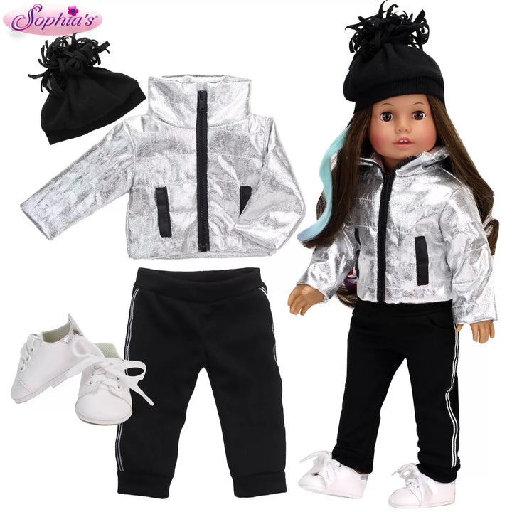 Sophia’S Silver Metallic Jacket, Black Side Stripe Joggers, Sneakers, & Hat for 18” Dolls, Silver/Black