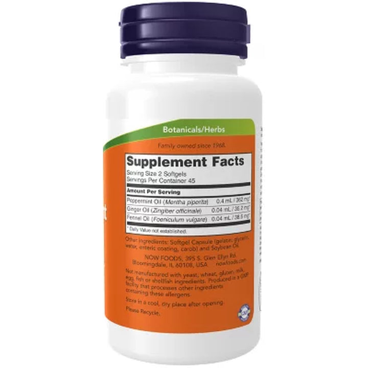 NOW Supplements Peppermint Gels with Ginger & Fennel Oils Softgels, Digestive Support*90 Ct.