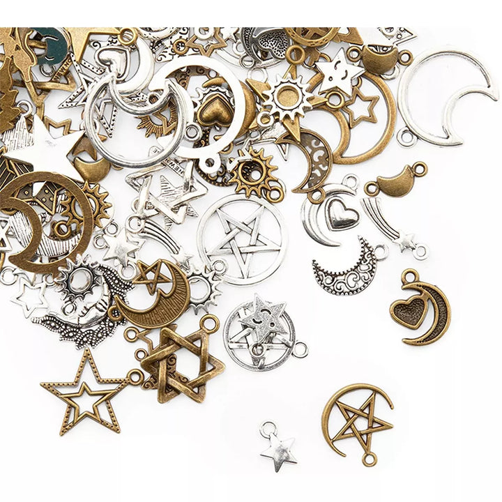 Bright Creations 120 Pieces Moon and Star Charms for DIY Jewellery Keychain & Bracelet Making, 2 Colours