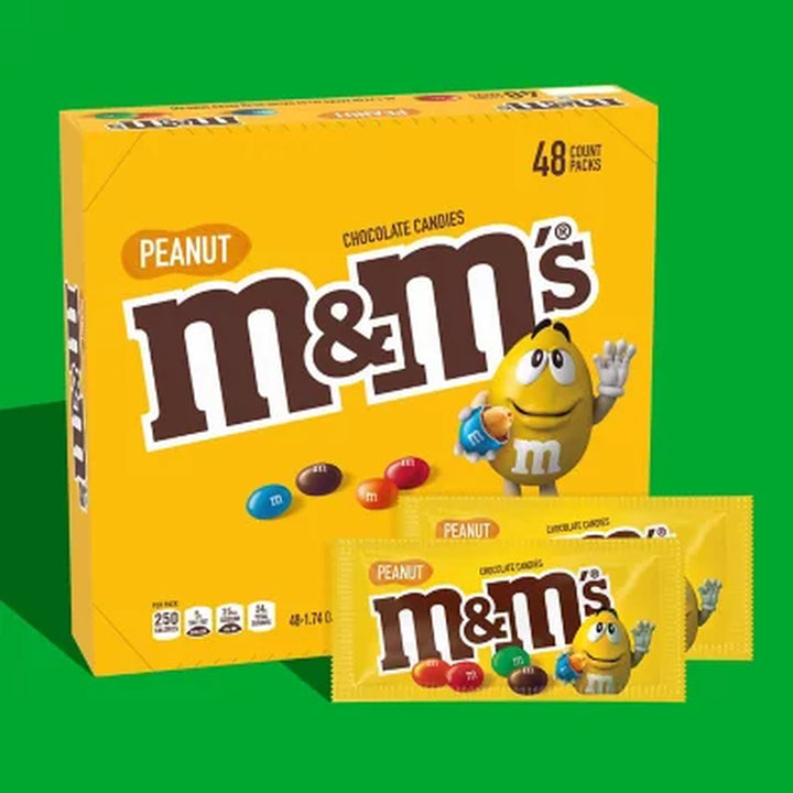 M&M'S Peanut Milk Chocolate Candy, Full Size, 1.74 Oz., 48 Pk.