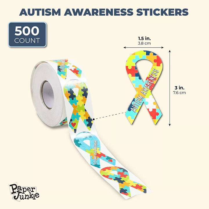 500-Count Autism Awareness Stickers, 1 Roll of Ribbon Shape Labels for Events, Cars & Friends