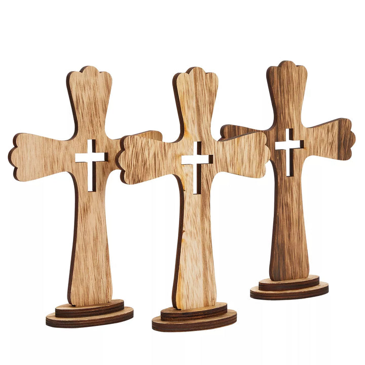 Juvale 3 Pack Catholic Wooden Cross Baptism Centerpieces for Tables, Communion, Home Decor, 6 X 9 In