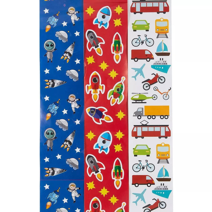 Juvale 9 Rolls 3000+ Transportation Stickers for Kids Birthday Party Favors, Spaceships Rockets Cars Trains Stickers