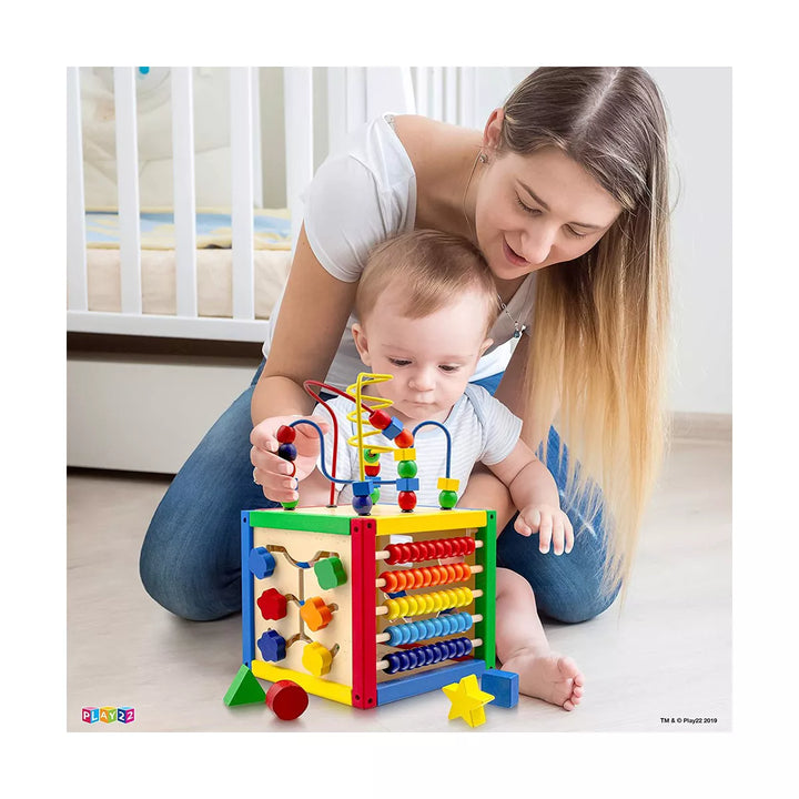 Wooden Activity Cube with Bead Maze, Shape Sorter, Abacus Counting Beads, Counting Numbers, Sliding Shapes - 5 in 1 - Play22Usa