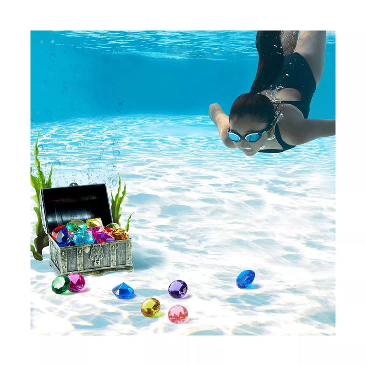 SYNCFUN 17 Pcs Diving Gems Pool Toys, Big Colorful Diamond with Pirate Treasure Chest, Swim Dive Toy for Kids Underwater Gemstone Swimming Training