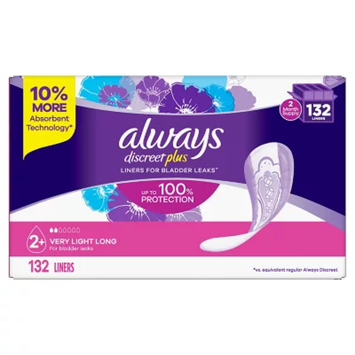 Always Discreet plus Incontinence Liners for Women, Very Light Long, 132 Ct.