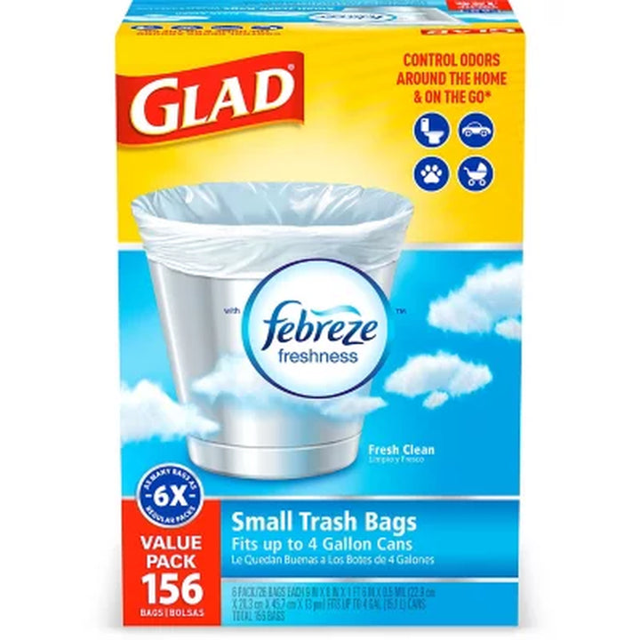 Glad Small Twist-Tie White Trash Bags, Fresh Clean Scent with Febreze Freshness, 4 Gal., 156 Ct.