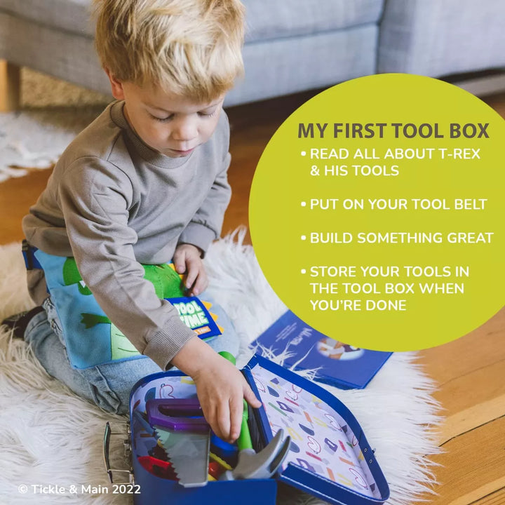 Tickle & Main Kids Tool Toys for Boys, 11 Pieces Construction Pretend Play for Toddlers, Story Book Gift Set with Tool Belt and Bag